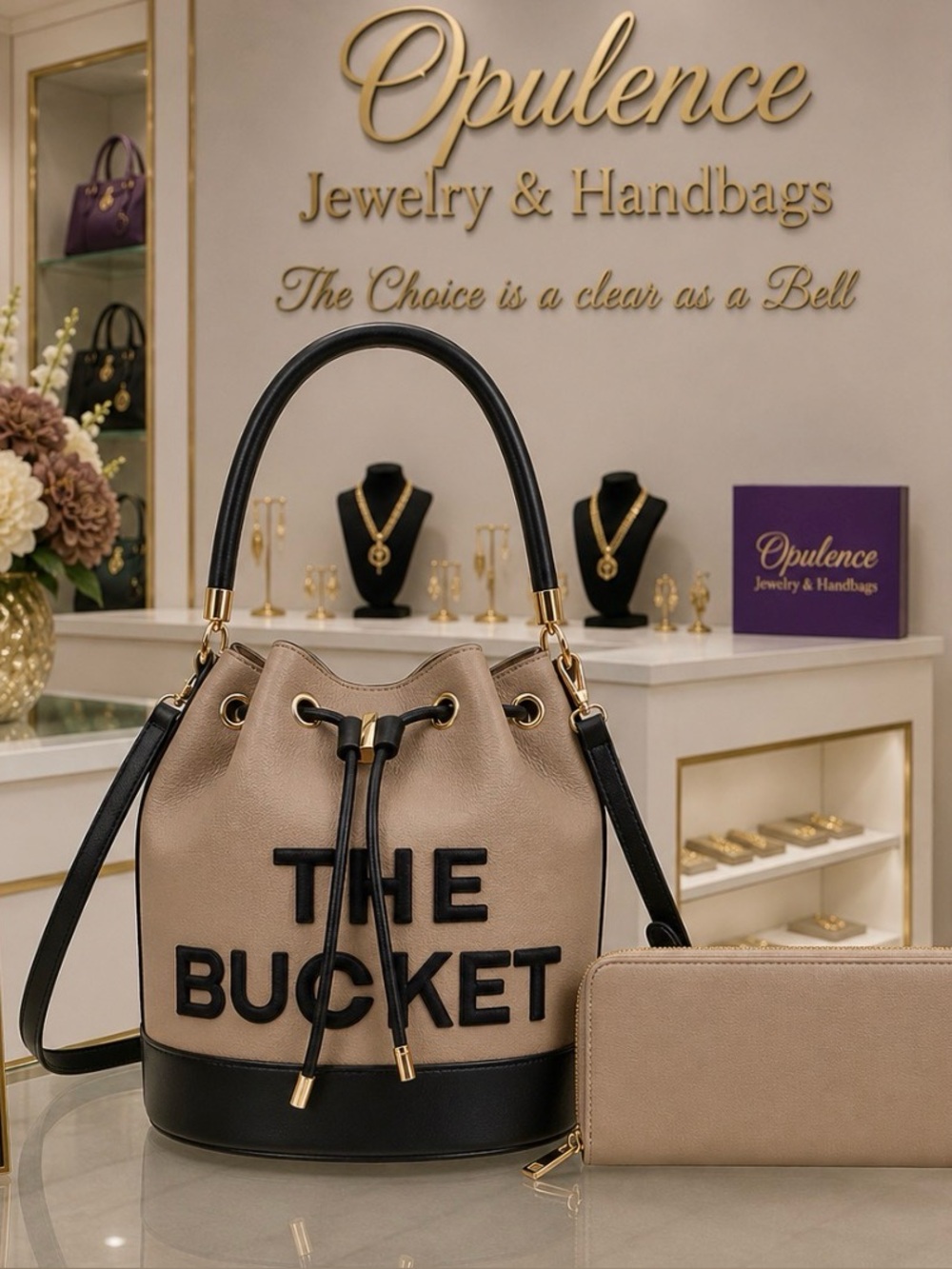 The Bucket Beige & Black  Bucket Bag with Matching Wallet